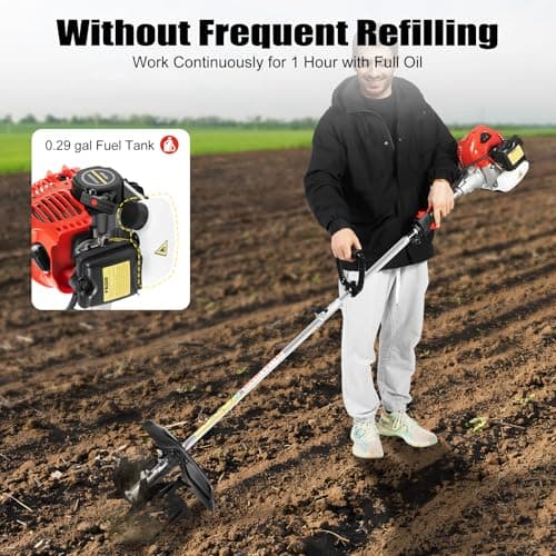 Gas Powered Tiller Cultivator, 51.7CC 2-Stroke Handheld Tiller Cultivator Gas Powered Engine Rototiller Garden Tool for Lawn, Garden and Field Soil Cultivation