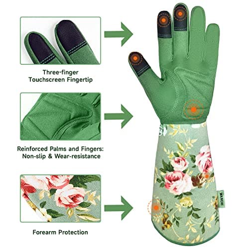 Gardening Gloves, Durable and Comfortable Women's Long Garden Gloves for Gardening Work and Yard Work, Leather Gardening Gloves for Women, Green Print (Medium)