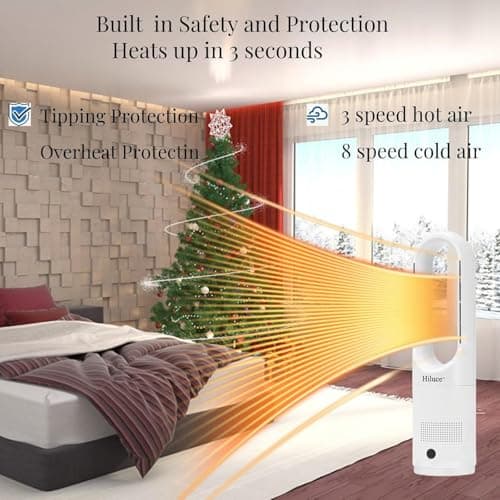 Oscillating All Season Bladeless Fan, 1400W Space Heater & 40W Cooler Fan Combo with Remote,Installation Free Quiet Fan,Tip-Over Switch80°Oscillating, 8 Speeds, 9H Timer,22 inch