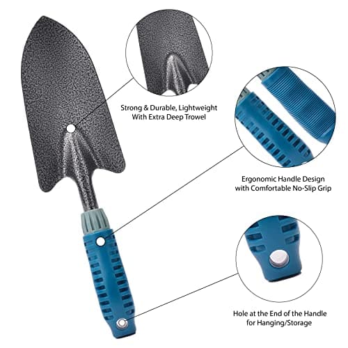 4 Piece Garden Tool Set Heavy Duty, Gardening Hand Tools Work No-Slip Grip Trowel Transplanter Weeder Hand Rake, Ergonomic Handle Indoor Outdoor