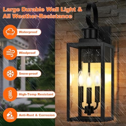 Outdoor Wall Light Fixture, 3-Light 19” Large Waterproof Outside Wall Mounted Sconce Light Fixture with Clear Glass Shade, Black Anti-Rust Exterior Wall Lantern for House, Front Porch, Garage