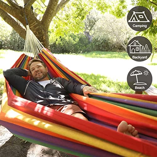 Brazilian Double Hammock with Tree Straps,Extra Large 240x160cm,2 Persons Hammock for Backyard Patio Outdoor and Indoor,450lbs Weight Capacity,Soft Woven Cotton Fabric Red Stripe