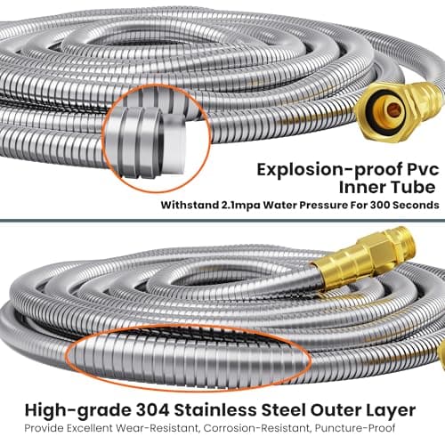 Girafe Tools Garden Hose 100ft x 5/8", 304 Stainless Steel Metal Water Hose, No Kink Garden Water Hose with 9 Pattern Spray Nozzle, Flexible, Lightweight, Kink Free Hose for Yard, Outdoor