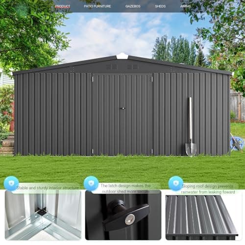 AECOJOY Shed 14' x 12' Storage Shed, Outdoor Metal Storage Sheds & Outdoor Storage 12x14 with Lockable Doors, Large Steel Yard Shed, Utility Tool Storage for Garden, Patio, Outside use in Dark Grey