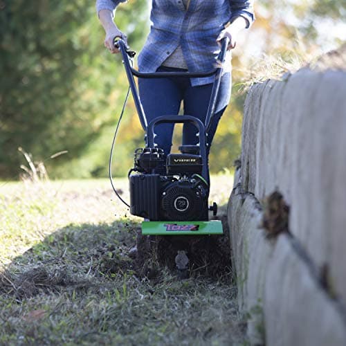 Tazz 35310 2-in-1 Front Tine Tiller/Cultivator, 79cc 4-Cycle Viper Engine, Gear Drive Transmission, Forged Steel Tines, Multiple Tilling Widths of 11”, 16” & 21”, Toolless Removable Side Shields,Green