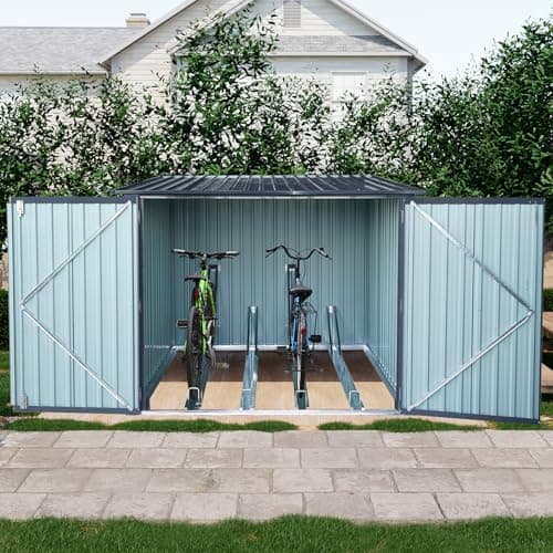 Ball & Cast 6x6 FT Outdoor Bicycle Storage Shed Galvanized Metal Garden Tool House with 4 Bike Tracks & Lock Doors,Waterproof Cabinet W/Slanted Roof Design and Air Vent,Black