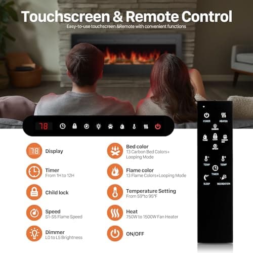 Sweetcrispy 60" Electric Fireplace Wall Mounted or Recessed Insert, 1500W/750W Freestanding Fireplaces Heater with Remote Control,13 Adjustable Flame Color, 12H Timer, Touch Screen