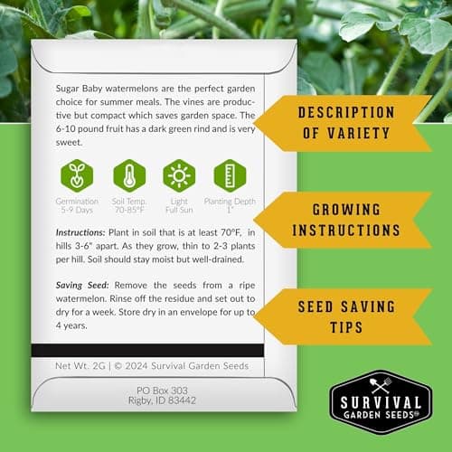 Survival Garden Seeds Sugar Baby Watermelon Seed for Planting - 1 Packet with Instructions to Plant and Grow Little Round Watermelons in Your Home Vegetable Garden - Non-GMO Heirloom Variety