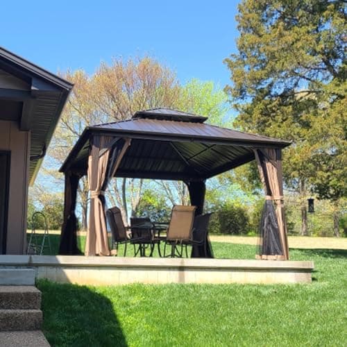 Domi 12' x 14' Hardtop Gazebo Permanent Metal Gazebo with Galvanized Steel Double Roof, Curtains and Netting for Party, Wedding, Outdoor Dining, Patio, Backyard, Brown