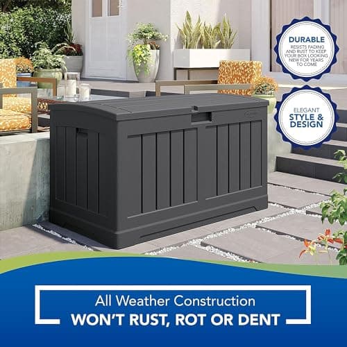 Suncast 50 Gallon Medium Capacity All Weather Construction Resin Outdoor Storage Deck Box with Arched Lid for Patio, Garden, or Pool, Peppercorn