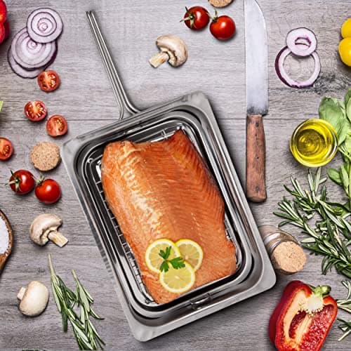 Camerons Large Stovetop Smoker - Stainless Steel BBQ Smoker Box w/Hickory & Oak Wood Chips & Recipes- Indoor Outdoor Use on Any Heat for Smoking Meats, Veggies & Seafood- Grilling Gift for Fathers Day