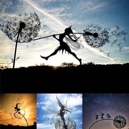 Flower Fairy Dancing with Dandelion Garden Art Sculpture Stainless Steel Statue Christmas Halloween Decoration for Outdoor Yard Courtyard Lawn Patio Metal Ornaments (Hurdle)