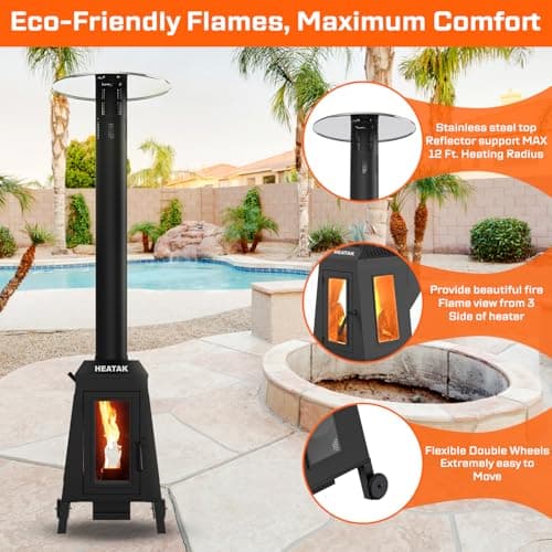 75,000 BTU Outdoor Patio Heater, Wood Pellet Heater With Wheels for Home, Gardens & Commercial Use - Black