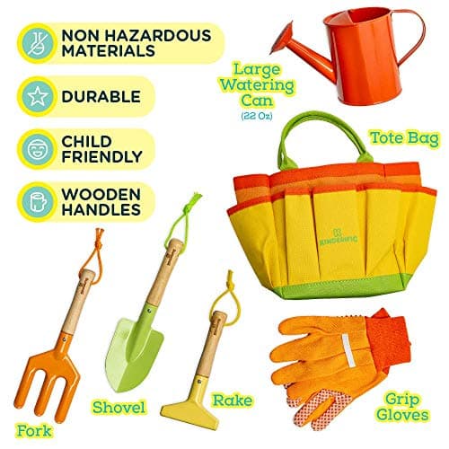Gardening Set, Tool Kit, for Kids, STEM, Includes Tote Bag, Spade, Watering Can, Rake, Fork, Trowel and Gloves (Sunshine)
