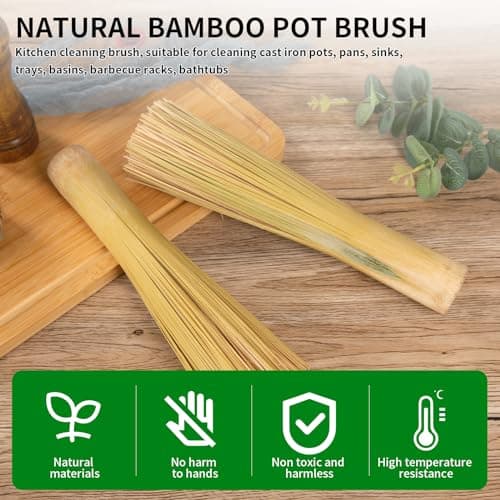 2 Packs,Bamboo Wok Brush, Refined Kitchen Cleaning Brush, Traditional Natural Bamboo Pot Brush, One Piece Structure,Powerfully Scrub Pots and Jars of Stains (Small, Flat Mouth)
