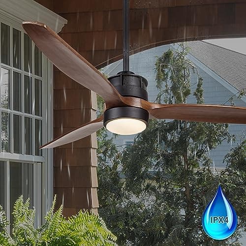 EKIZNSN 42'' Outdoor Waterproof Ceiling Fan with Light for Patios, 3 Blade Wet Rated Ceiling Fans, DC Motor w 6 Speeds, Walnut Wood