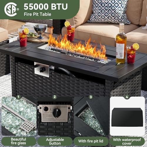 Aoxun 8 Piece Patio Furniture Set with 44” Fire Pit Table Wicker Rattan Patio Sectional Sofa Set Outdoor Seating Furniture with Thickened Cushion, Beige