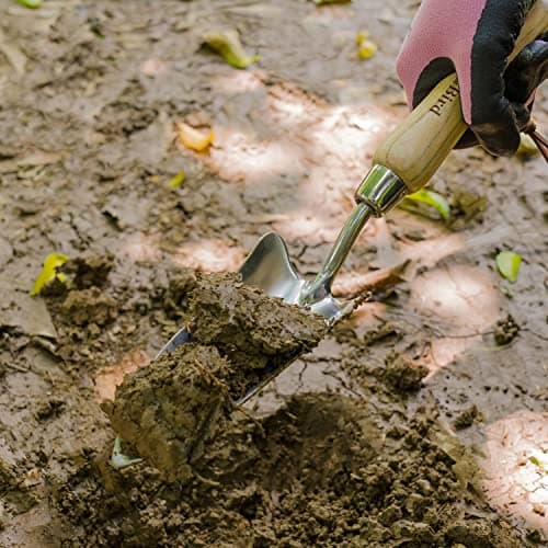 Transplant Trowel with Measurements, Garden Stainless Steel Potting Hand Trowel with Wooden Handle, Small Garden Hand Shovel Transplanter Tool for Planting Digging Transplanting Gardening