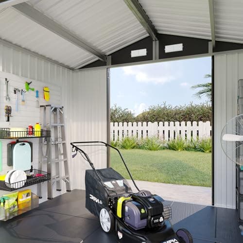 Aoxun 8x6 Shed with Floor Galvanized Steel Outdoor Storage Shed Metal Garden Shed with Double Doors, 15mm Moisture-Proof Floor & Ventilation, Sloped Roof for Bike/Generator/Tool Storage (Brown)