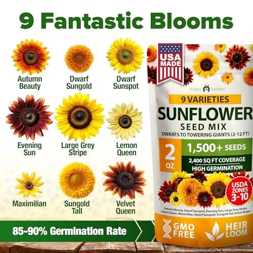 HOME GROWN Sunflower Seeds Mix Pack 1,500+ Colorful Varieties of Sunflower Seeds to Plant - 2-10ft Tall Plants, Pollinator Friendly 𝗡𝗢𝗡-𝗚𝗠𝗢 𝗨𝗦𝗔 – Easy to Grow, High Germination