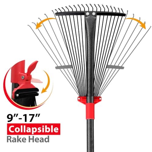 Rake, Adjustable Rake for Leaves with 9”-17” Rake Head, Rakes for Lawns Heavy Duty, 60 in Garden Rake with 18 Clog-Free Tines, Long Handle, Metal Rakes Tool for Gardening, Fast Cleanup Camping Rake