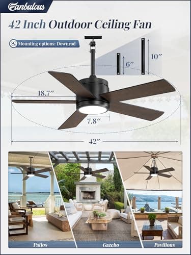 42 In Waterproof Outdoor Ceiling Fan with Light and Remote IP65 Plug in Wet Rated Outdoor Ceiling Fans for Patios Waterproof Gazebo Hanging Fan 3CCT 6 Speed, for Outside Porch Pergola Garage