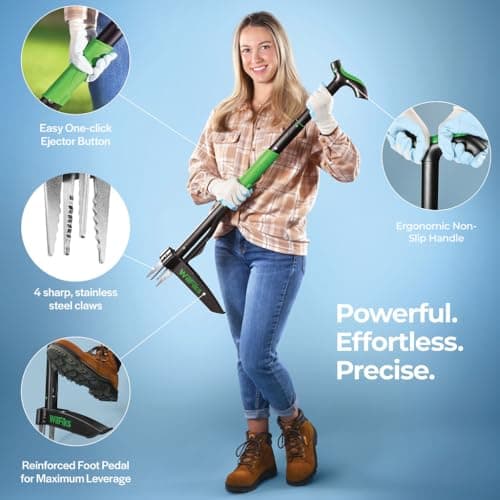 Weed Puller Tool with Long Adjustable Handle (36", 40", & 45"), Quick-Release Weed Ejector Mechanism, Lightweight Aluminum Stand-Up Heavy Duty Weed Remover, 4-Claw Head & Foot Pedal for Easy Weeding