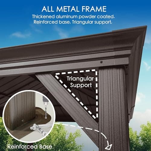 Kozyard Alexander 10' X 12' Hardtop, Aluminum Metal Gazebo with Galvanized Steel Double Roof Canopy, Curtain and Netting, Permanent Pavilion for Patio, Backyard, Deck, Lawn (Brown)