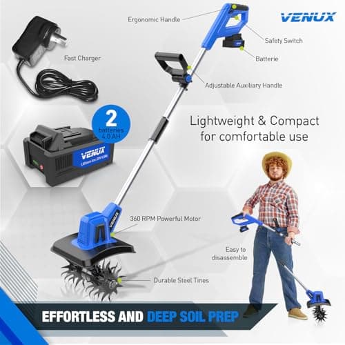 VENUX 20V Cordless Tiller Cultivator Electric Garden Tiller- 2 Batteries 4.0AH Included, 48 Steel Anti-Rust Tines 360RMP Tilling 9-in Width & 6.6-in Depth, Safety Gloves & Glasses Included