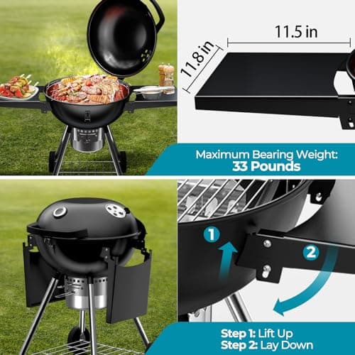 22 Inch Charcoal Grill with 2 Foldable Side Tables,Charcoal Kettle Grills with Wheels,Outdoor bbq Grill,Portable Charcoal Grill for Camping,Party,Backyard (Black)