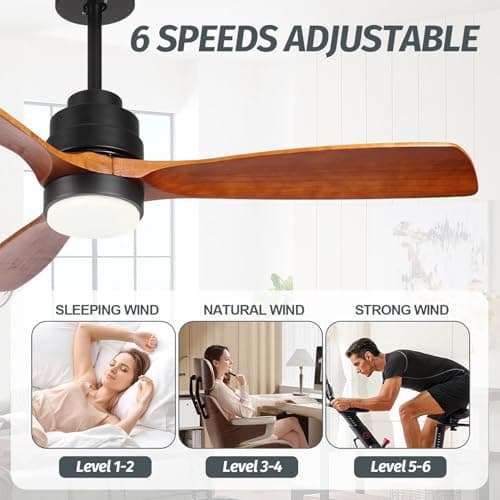 Wood Ceiling Fan with Light,Energy Saving,Ultra-Quiet DC Motor,3 Blades,6 Speed,Outdoor/Indoor Ceiling Fan for Patio,Deck,Porch,Bedroom,Living Room,Brown Walnut