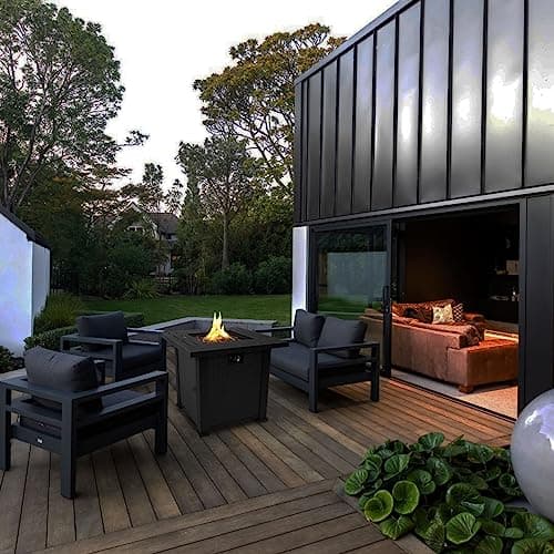28'' Propane Fire Pit Table, 50,000 BTU Fire Table with Steel Lid, Big Legs, Laval Rocks.