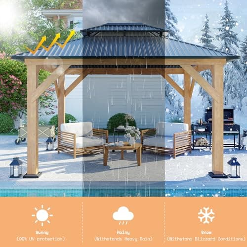 AMERLIFE 10x12 Solid Wood Gazebo, Hardtop Gazebo with Aluminum Double Roof, Outdoor Pergola with Wood Frame for Parties, Backyard, Lawns, Patio