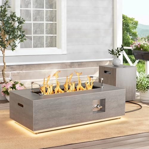 42" Modern Fire Pit Table with LED Light 50,000 BTU Deck Fire Pit Table Includes Wind Guard, Lid, Rocks & Cover - Propane Gas Patio Fireplace, Chimenea para Patio (Grey/Golden Light, 42" LED)