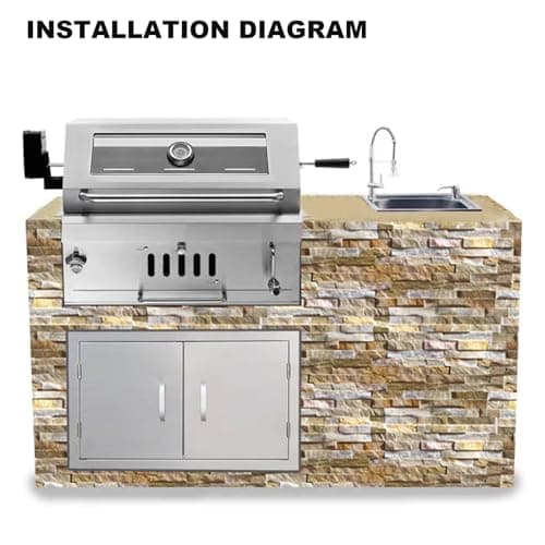 Built In Charcoal Grills Outdoor Kitchens,28-Inch Stainless Steel Charcoal bbq Grill Built In with Liftable Charcoal Tray,Insulated Hood, Temperature Gauge and Rain Fabric cover (Round Lid)