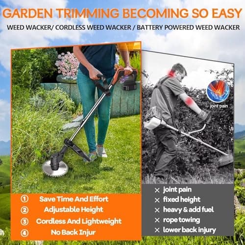 Weed Wacker, Electric Weed Wacker, String Trimmer with 2 Batteries and Charger, Grass Trimmer Lawn Mower Edgerr with 3 Types of Blades, Brush Cutter with Retractable Length and 90° Rotating Head