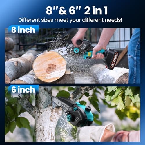 Mini Chainsaw Cordless, 8 inch & 6 inch Electric Chain Saw with 2 Pack Rechargeable Batteries, Battery Powered Handheld Saw for Trees Trimming Wood Cutting, Perfect Gardening Tools for Men Dad Husband