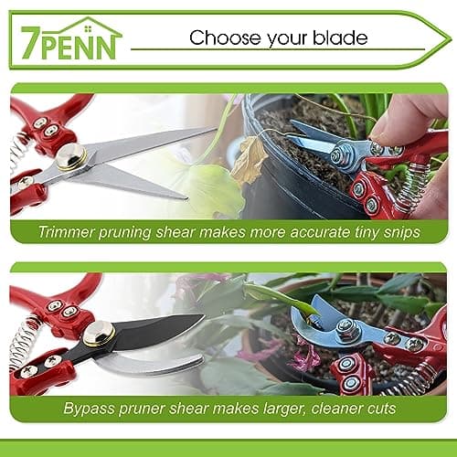 7Penn Garden Pruning Shears - 2pc Straight and Curved Sharp Blade Gardening Hand Tools with Red Ergonomic Grip Handles