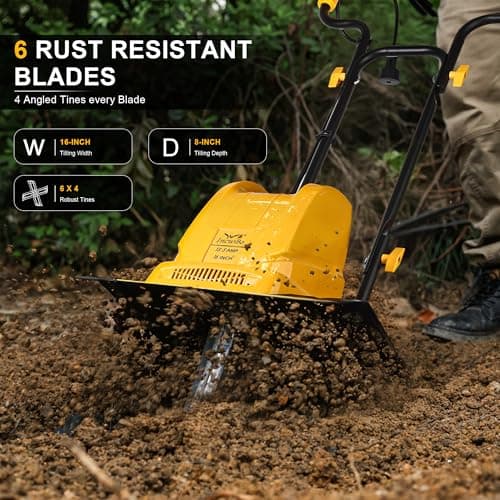 Garden Rototiller 16-Inch 13.5-Amp Corded Electric Tiller/Cultivator, Adjustable Wheels, 8-Inch Tilling Depth, Powerful and Lightweight Tiller