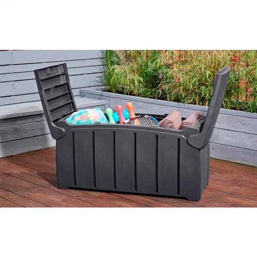 Products 85 Gallon (321L) Outdoor Storage Organization Bin, Patio Deck Box with Dual Door Lid for Garden, Pool, & Furniture Accessories, Black