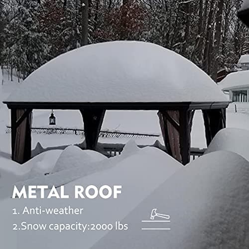 Kozyard Caesar 10'x12' Hardtop Gazebo - Permanent Metal Pavilion with Netting and Shaded Curtains for Patio, Backyard, and Deck - Galvanized Steel Outdoor Aluminum Canopy, Double Roof Gazebo (Brown)