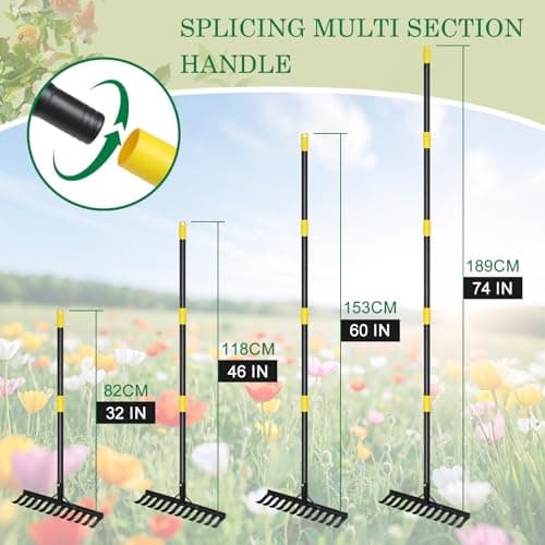 Garden Rake Heavy Duty, 74 Inch Metal Rake with 12 Tines, Bow Rake with Long Handle for Loosening Soil Leveling Lawn Farming Land, Black