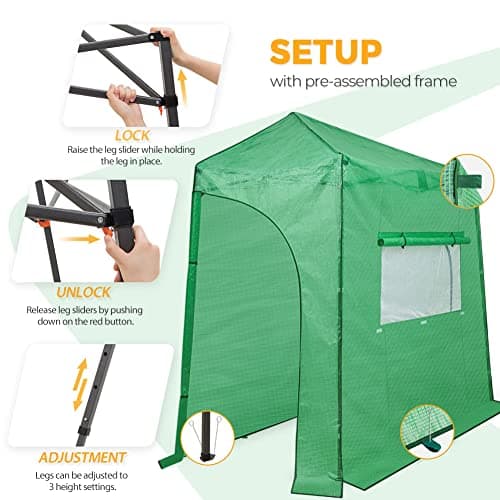 EAGLE PEAK 9x4 Lean-to Portable Walk-in Greenhouse, Pop-up Indoor Outdoor Garden Green House, Zippered Doors and Window, PE Cover, Green