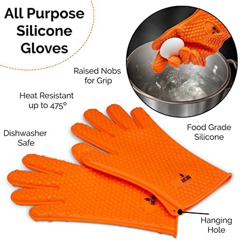 Meat Claws Bbq Grill Accessories Set - 2 Silicone Gloves, Claws For Pulled Pork, BBQ Thermometer - Perfect Smoker Accessories Grilling Tools Gift Set For (Orange Glove-Thermometer-Claw)