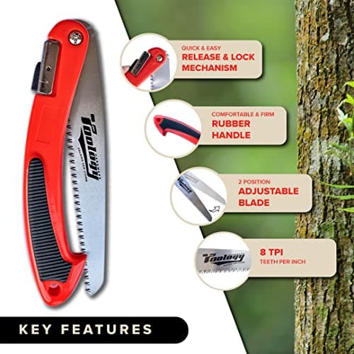 Hardware 8" Folding Tree Pruning Saw for Gardening, Survival & Camping - Wood/Tree Cutter, Bushcraft Axe with Heavy Duty SK-5 Steel (Red)