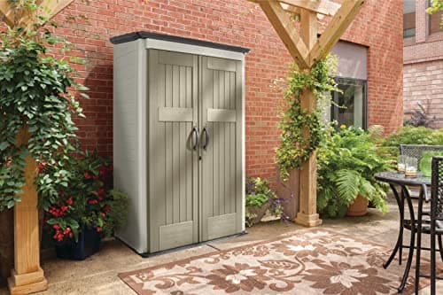 Rubbermaid Vertical Resin Outdoor Storage Shed With Floor (4 x 2.5 Ft), Weather Resistant, Beige/Brown, Organization for Home/Backyard/Pool Chemicals/Toys/Garden Tools/Porch/Patio Cushions