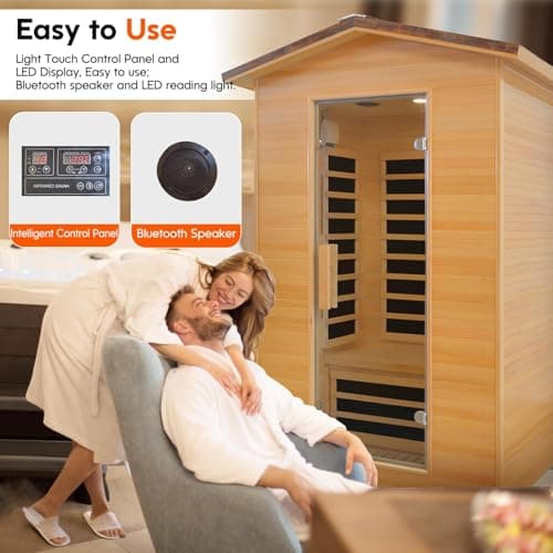 Outdoor Sauna 2 Person Far Infrared Saunas Dry Home Sauna Room Hemlock 1 to 2 Person Wood Sauna 1950W/110V Low EMF with Bluetooth Speaker, Reading Light, Cup Holder and Towel Rack - 47*39*82 IN