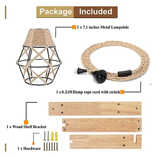 Frideko Wall Lamp with Plug in Cord - Plug in Wall Sconces, Farmhouse Hanging Lamps That Plug into Wall Outlet, Rustic Wall Mount Lamp with Wood Shelf Bracket & Switch Cord for Living Room, Bedroom