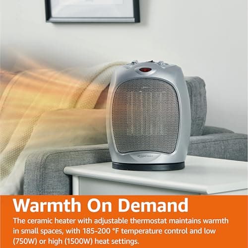 Amazon Basics Oscillating Ceramic Space Heater, Portable Heater for Indoor Use, for Office and Home, With Overheat and Tip-Over Protection, Thermostat, 1500W, Silver, 7.52"D x 6.34"W x 9.45"H