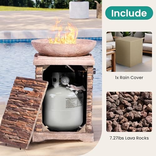 SUNBURY Outdoor Propane Fire Pit, Gas Fire Pit for Outside Patio, Stone Outdoor Fire Table Fire Column 40,000 BTU Propane Fire Tables Firepit Table w Lava Rocks, CSA Certified, Waterproof Cover